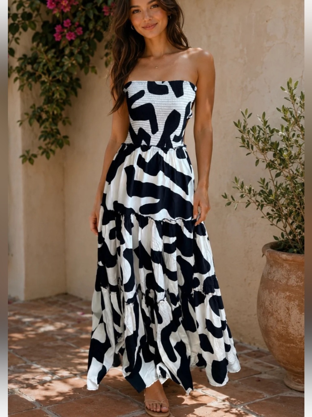 Abel The Label Black & Cream Print Strapless Tiered Maxi Dress
